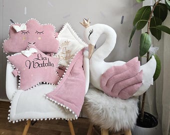 Personalized Pillow Set Gift Princess Pillow Swan Pillow Cloud Blush Optional Crib Baby Blanket With Embroidered Name Other Pillows Etsy