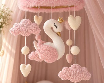 Nursery Baby Mobile. Pink Swan Nursery Decor. Baby Shower Gift for Newborn. Crib Decor. Baby room decor. Hand made nursery decor