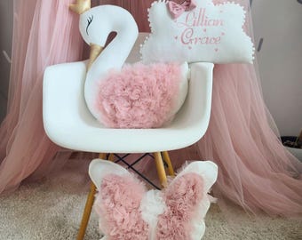 Personalized Baby Pillow Set – Swan, Butterfly & Cloud Nursery Decor with Embroidered Name, Baby Shower Gift for Girls