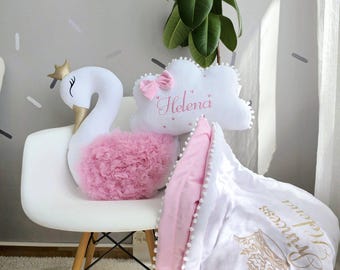 Baby pillow swan, Personalized pillow cloud, optional crib baby blanket. Personalized baby gift. Nursery decor