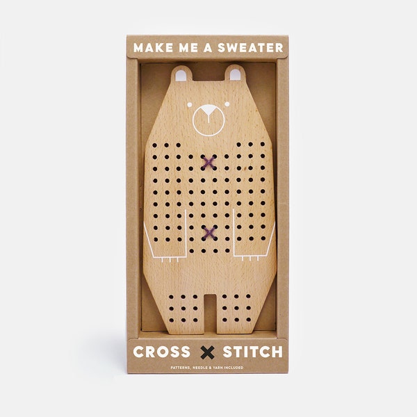 Cross Stitch Friends - Bear | Cross-stitch Kids Craft Kit, DIY Beginner Embroidery Kit, wooden toy with wool yarn, needle & patterns