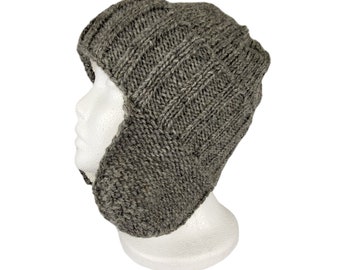 Ear flap hat, Grey Wool pilot hat, Bomber hat, Wool outside, faux fur inside, Winter Hat, Wool beanie