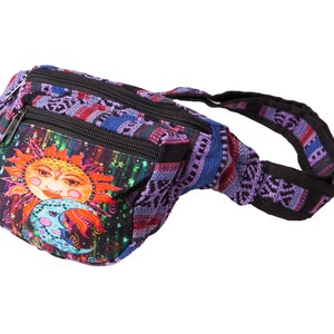 May include: A purple, blue, and red patterned fanny pack with a zipper closure and a graphic of a sun and moon. The fanny pack has a black adjustable strap.