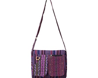 Lila Boho Handtasche, Hippy Einkaufstasche, Messenger Bag aus 100% Baumwolle, verstellbarer Riemen