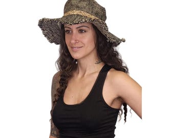 Black Hemp Fringed Sun Hat, Airy Weave and Fun Shapeable Brim