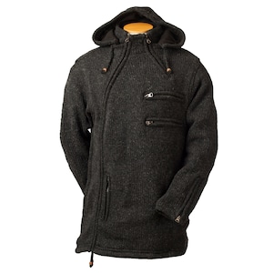 May include: A dark gray hooded jacket with a diagonal zipper closure and multiple zippered pockets. The jacket has a textured knit appearance and a drawstring hood. The sleeves have zippers at the cuffs. The jacket is displayed on a mannequin.