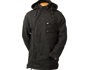 Wool Sweater, Warm jacket, Side zip Wool Coat, Vegan leather elbow patches, Removable hood,  Fleece Lined