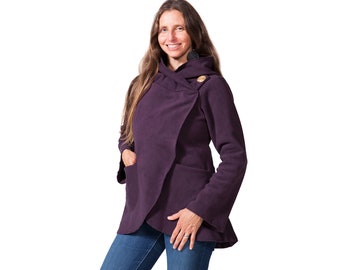 Warm Fleece shawl, Purple Shawl coat, Wood Button closure, Comfy fleece