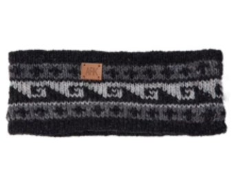 May include: A black and gray knit headband with a geometric pattern. The headband features a small brown leather tag with the letters "ARK". The design includes wave-like and diamond shapes.