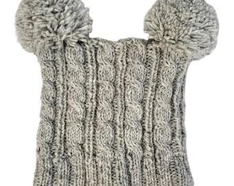 Grey Wool Double Pompom Beanie, Playful Cable Knit and Cozy Lining
