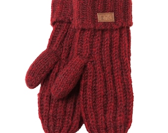 Burgundy Wool Mittens, Cozy Ribbed Knit and Comfy Fold-Over Cuffs