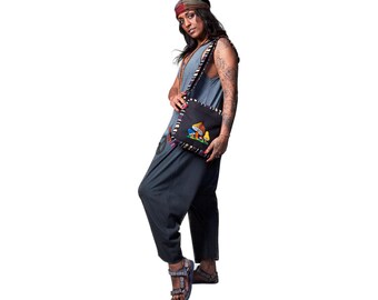 Schwarze Umhängetasche, Regenbogen-Pilzstickerei, 100% Baumwolle, Boho