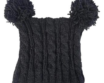 Black Wool Double Pompom Beanie, Playful Cable Knit and Cozy Lining