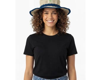 Hemp Cotton Sun Hat with Teal Trim, Comfy Shapeable Wire Brim