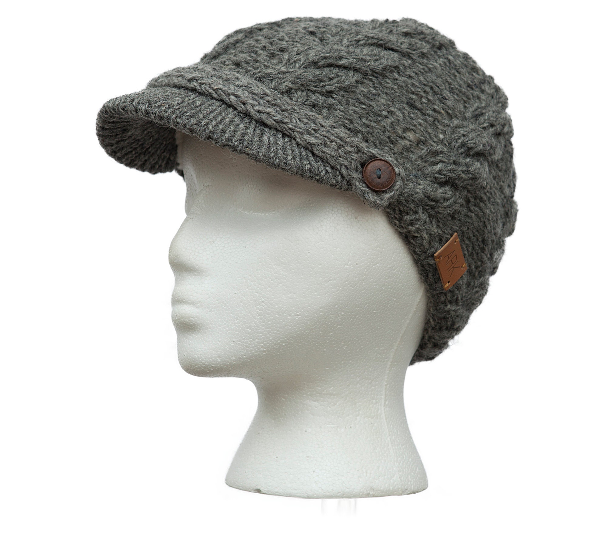Grey Newsboy Hat Wool Knit Hat With Visor Fleece Lined Wood - Etsy