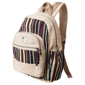 May include: A beige hemp backpack with a striped pattern and a green leaf logo that says "Hemp Jam" and "Made with Love".