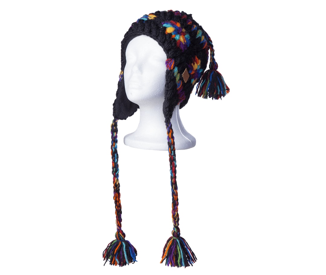 Rainbow Wool Hat, Ear Flaps With Braided String, Cozy Fleece Lining