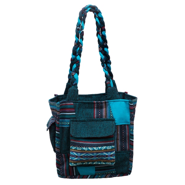 Beautiful Teal Tote Bag, Hand Crafted Braided Handles, 100% Cotton, Bohemian Designs