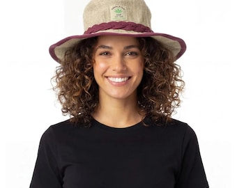 Hemp Cotton Sun Hat with Burgundy Trim, Comfy Shapeable Wire Brim