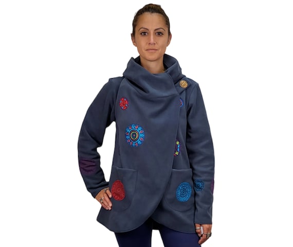 Blue Hooded Shawl, Warm Fleece, Wood Button Closure, Sweater, Coat