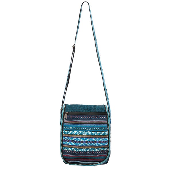 Teal Crossbody Bag, 100% Cotton, Bohemian Style Purse, Adjustable Strap