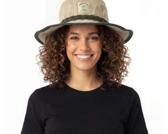 Hemp Cotton Sun Hat with Green Trim, Comfy Shapeable Wire Brim