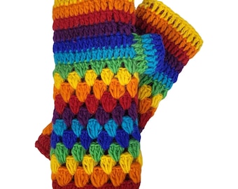 Rainbow Wool Fingerless Gloves, Fun Crochet with Cozy Fleece Lining