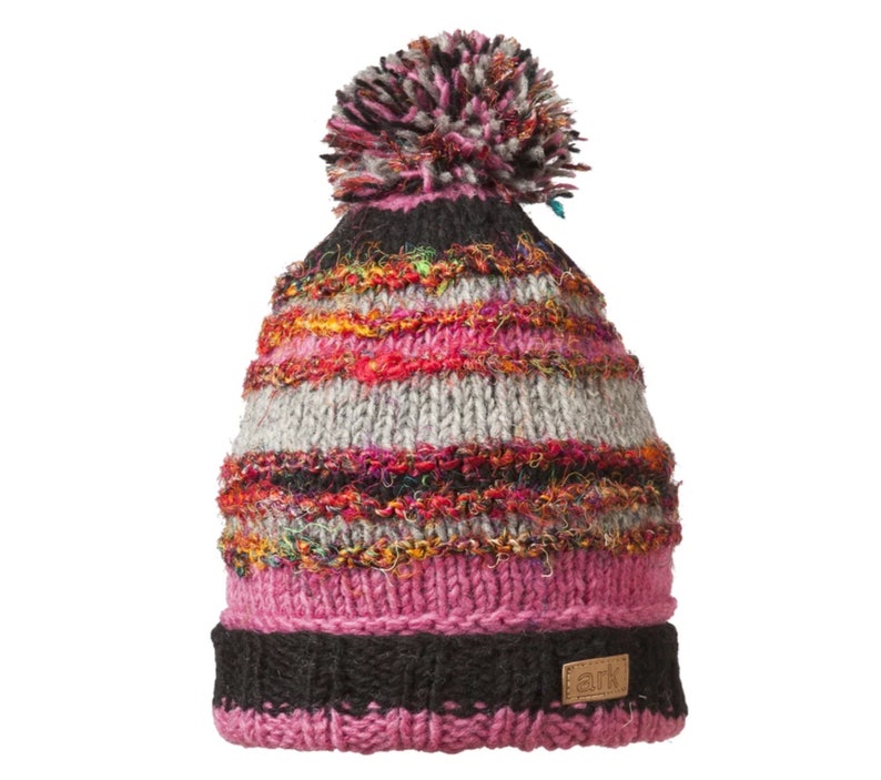 Wool Pom Pom winter hat, Black and pink wool and fleece Hat, Wool beanie, Fleece Lined bild 1