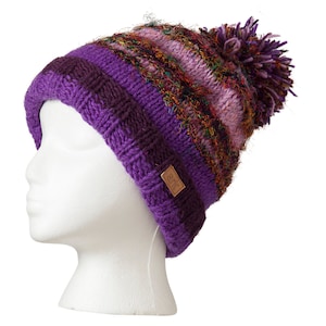 Wool Pom Pom winter hat, Purple wool and fleece Hat, Wool beanie, Fleece Lined