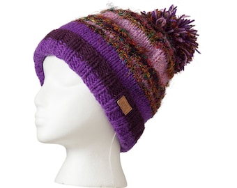 Wool Pom Pom winter hat, Purple wool and fleece Hat, Wool beanie, Fleece Lined