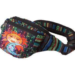 Funky Hip Bag, Green Hippy Design, Cotton Fanny Pack, Zipper Pockets