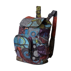 May include: A multi-coloured patchwork backpack with a large front pocket and a smaller zippered pocket. The backpack has a drawstring closure and adjustable straps.