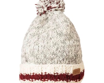 Grey Wool Pompom Beanie, Cozy Marled Knit with Fleece Lining