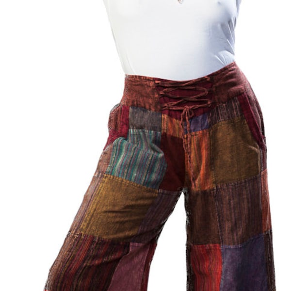 Red Summer Pants, Burgundy Patchwork, 100% Cotton, Bohemian
