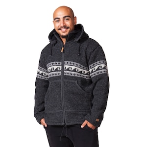 Mens Wool Cardigan, Funky Wave Pattern, Cozy Fleece lining, Removable Hood