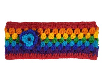 Rainbow Wool Crochet Headband, Cozy Ears with a Playful Flower