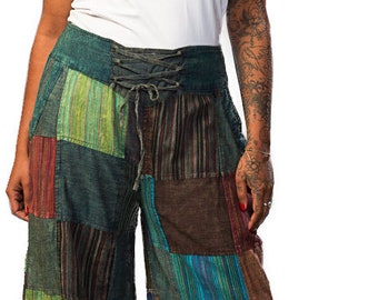 Patchwork Baumwolle Hose mit weitem Bein - Türkis Boho Style
