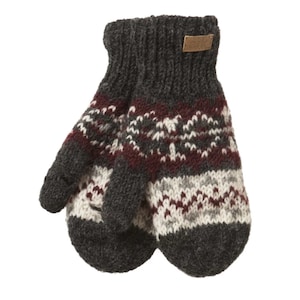 May include: Dark grey knitted mittens with a pattern in burgundy, white, and light grey. The mittens have a ribbed cuff and a small leather tag. These mittens are designed for cold weather, perfect for keeping hands warm.