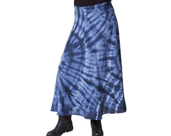 Blau Tie Dye, Maxi Wickelrock, 100% Baumwolle, Langer Rock