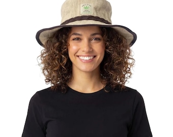 Hemp Cotton Sun Hat with Brown Trim, Comfy Shapeable Wire Brim