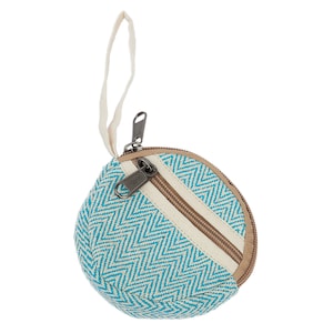 Monedero azul bonito, mezcla de cáñamo y algodón, diseño de ondas, bolsillo con cremallera, llavero