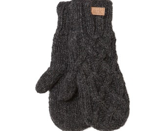 May include: Dark gray cable-knit mittens with a leather tag that reads "ark". The mittens are made of a thick, textured yarn and have a classic design. The mittens are designed to keep hands warm in cold weather.