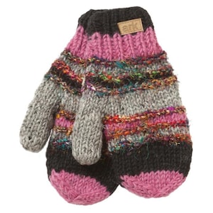 May include: Knitted mittens in grey, pink and black with colourful yarn detailing. The mittens have a textured design. A small brown tag with the text "ark" is sewn on the top of one mitten.
