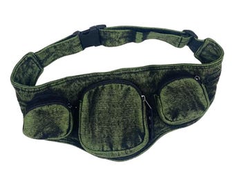 Green Cotton Fanny Pack, Four Zip Pockets for Hands-Free Carry