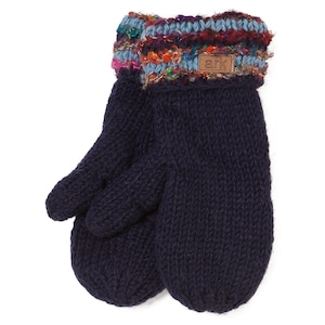 May include: Navy blue knitted mittens with a colourful cuff. The cuff has a mix of blue, red, orange, and pink yarns. A small brown leather tag with the word "ark" is sewn on the cuff.