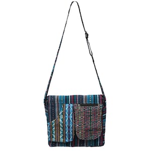 May include: A rectangular shoulder bag with a patterned design in shades of blue, teal, and maroon. The bag has a long, adjustable strap and multiple pockets, including a zippered one. The bag is made of a woven fabric.