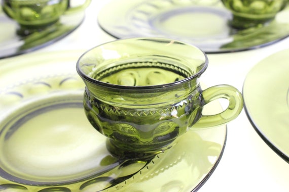 Vintage Green Glass Plates Cups Matching Plate And Cup Set - Vintage Green Glass Plates With Cup Holder Vintage Green Glass Plates Cups Matching Plate And Cup Set - Vintage Green Glass Plates With Cup Holder