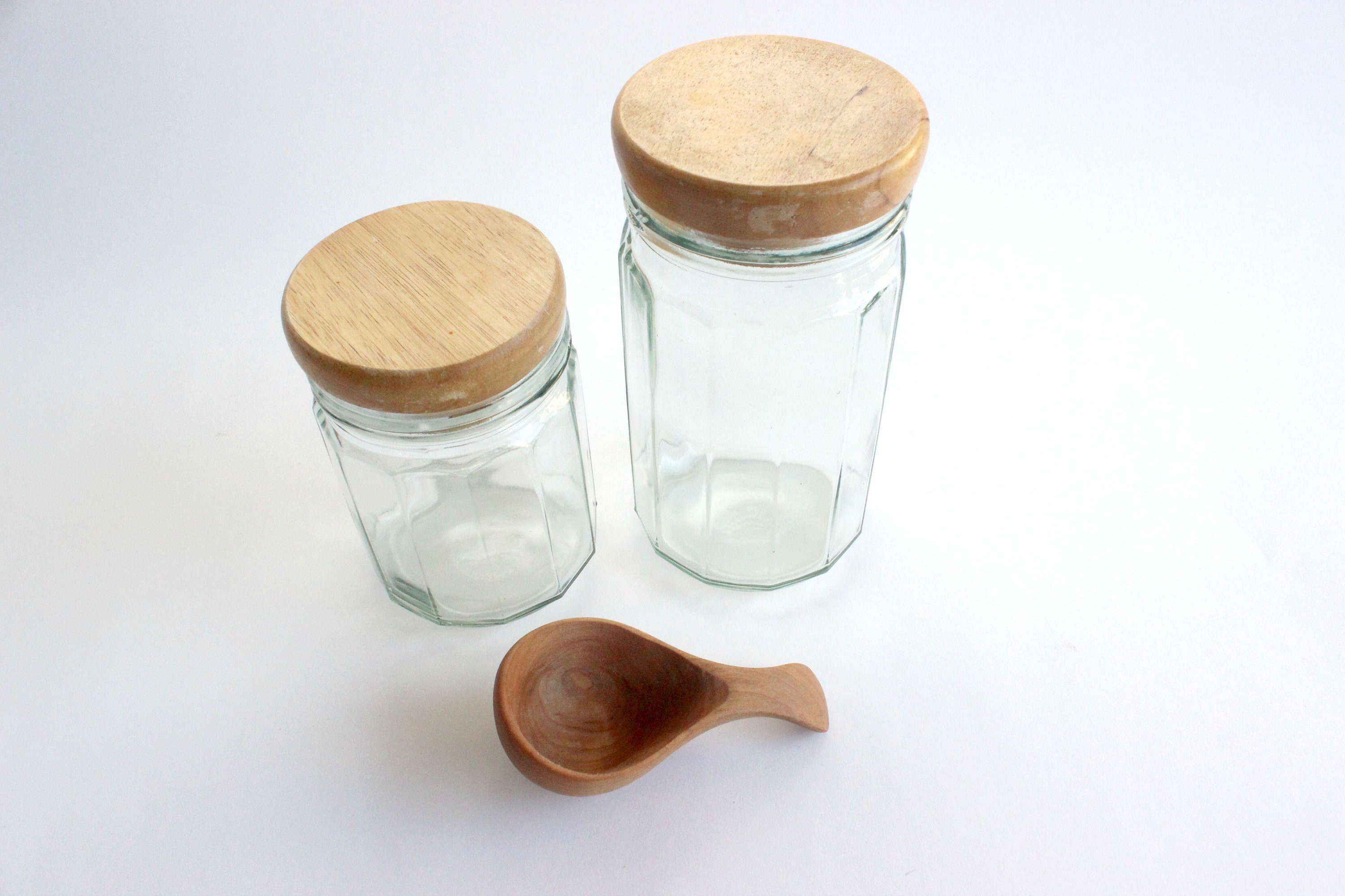 Glass Kitchen Canisters & Wooden Scoop
