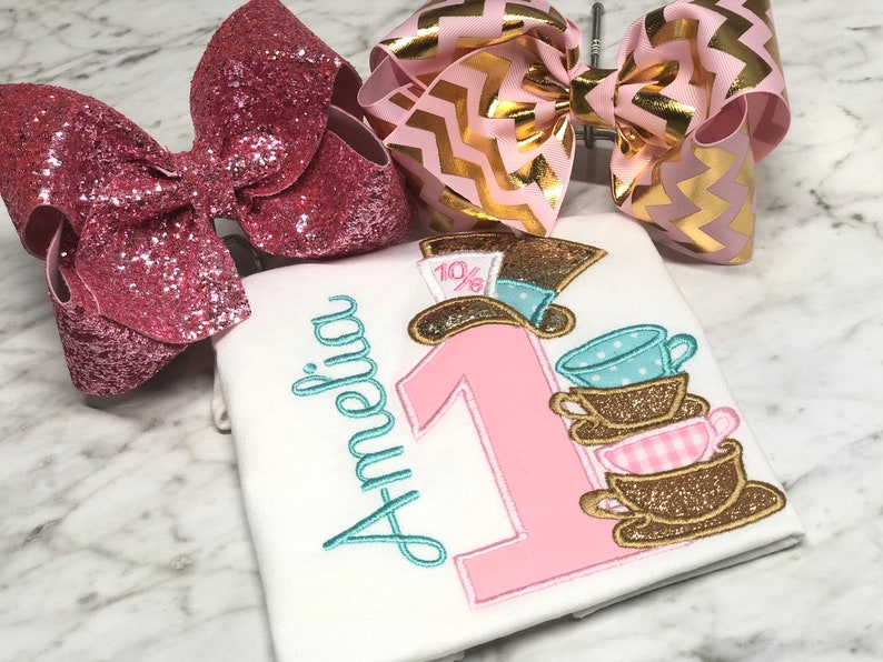 1st Birthday Shirt Teacup Birthday Shirt Embroidery Birthday Shirt Mad hatter birthday Onederland Theme