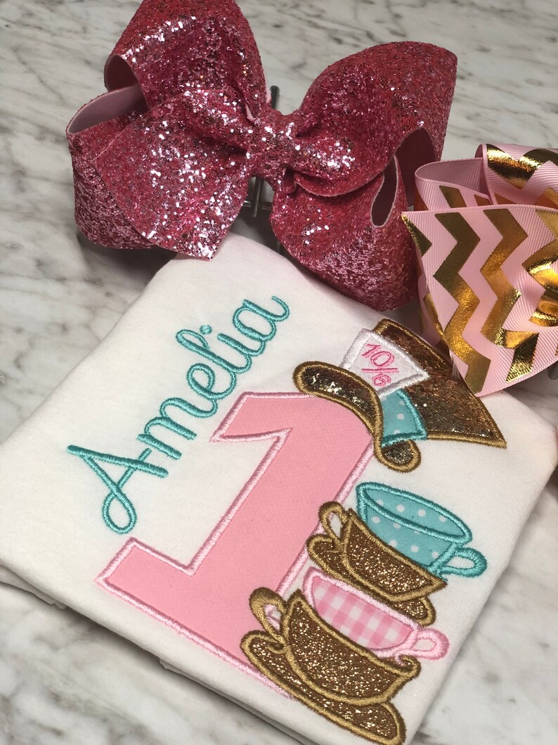 1st Birthday Shirt Teacup Birthday Shirt Embroidery Birthday Shirt Mad hatter birthday Onederland Theme